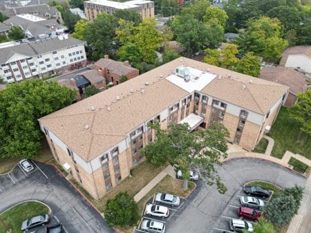 Drone shot of a commercial office building