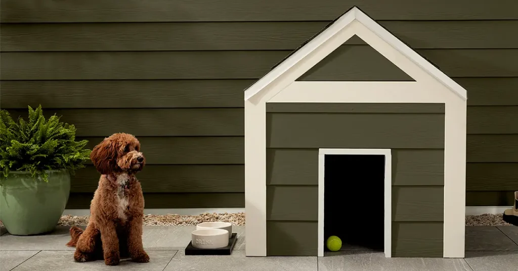 Cut dog sitting in front of a home and dog house that both feature James Hardie Siding