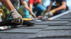 Close up of the hands of a team of roofers installing shingles