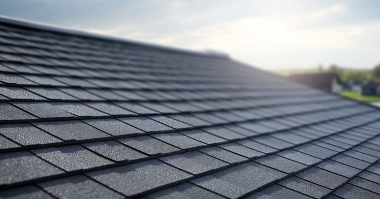 Close up of new shingles on a roof at sunrise
