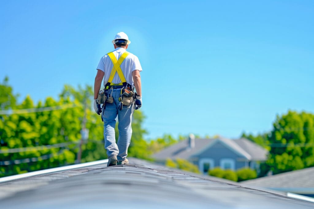 Commercial roofer walking a roofline inspecting the surface